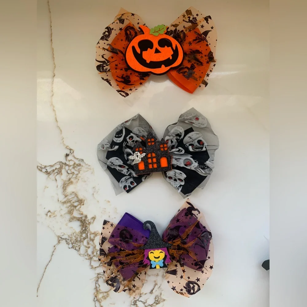 Orange Pumpkin Jack-O-Lantern Oversized Bow Girls Halloween Accessories